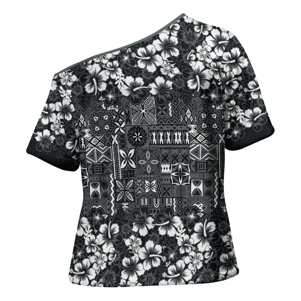 Black Hawaiian Tapa Tribal Hibiscus Cross Shoulder Shirt LT9 - Polynesian Pride