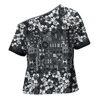 Black Hawaiian Tapa Tribal Hibiscus Cross Shoulder Shirt LT9 - Polynesian Pride