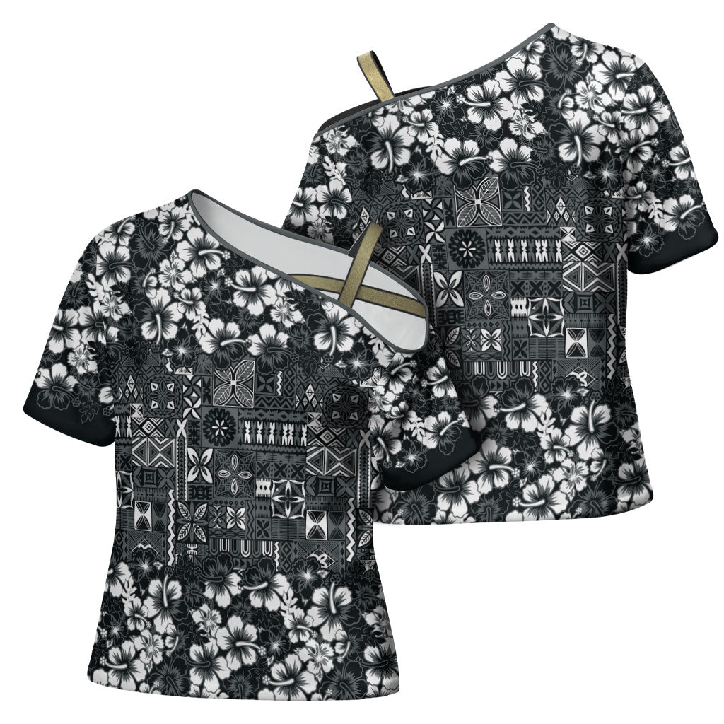 Black Hawaiian Tapa Tribal Hibiscus Cross Shoulder Shirt LT9 - Polynesian Pride