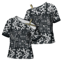 Black Hawaiian Tapa Tribal Hibiscus Cross Shoulder Shirt LT9 - Polynesian Pride