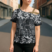 Black Hawaiian Tapa Tribal Hibiscus Cross Shoulder Shirt LT9 - Polynesian Pride