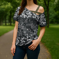Black Hawaiian Tapa Tribal Hibiscus Cross Shoulder Shirt LT9 - Polynesian Pride