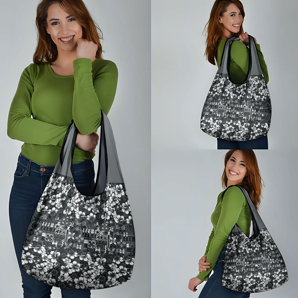 Black Hawaiian Tapa Tribal Hibiscus Grocery Bag LT9 - Polynesian Pride