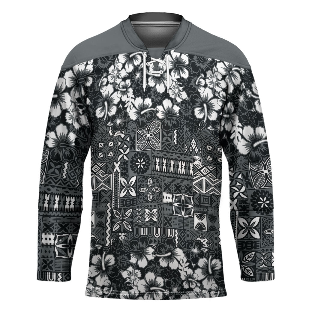 Black Hawaiian Tapa Tribal Hibiscus Hockey Jersey LT9 Unisex Black - Polynesian Pride