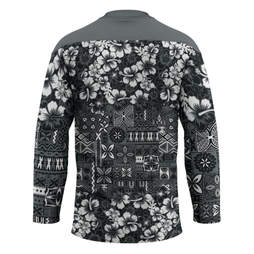 Black Hawaiian Tapa Tribal Hibiscus Hockey Jersey LT9 - Polynesian Pride