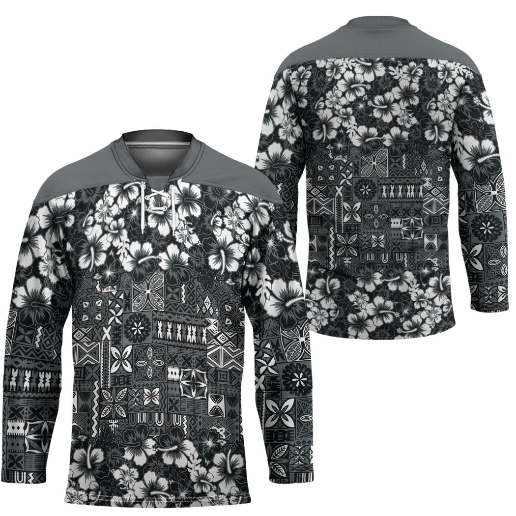 Black Hawaiian Tapa Tribal Hibiscus Hockey Jersey LT9 - Polynesian Pride