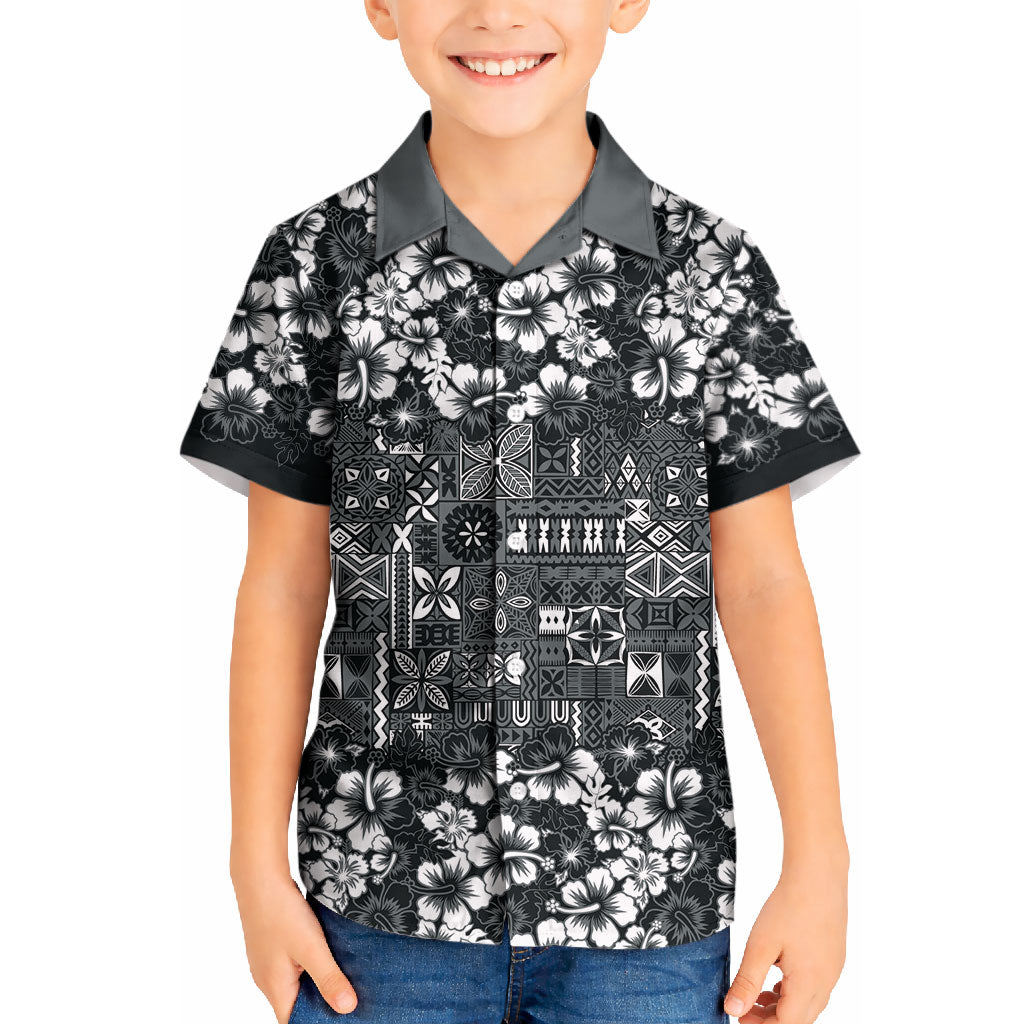 Black Hawaiian Tapa Tribal Hibiscus Kid Hawaiian Shirt LT9 Kid Black - Polynesian Pride