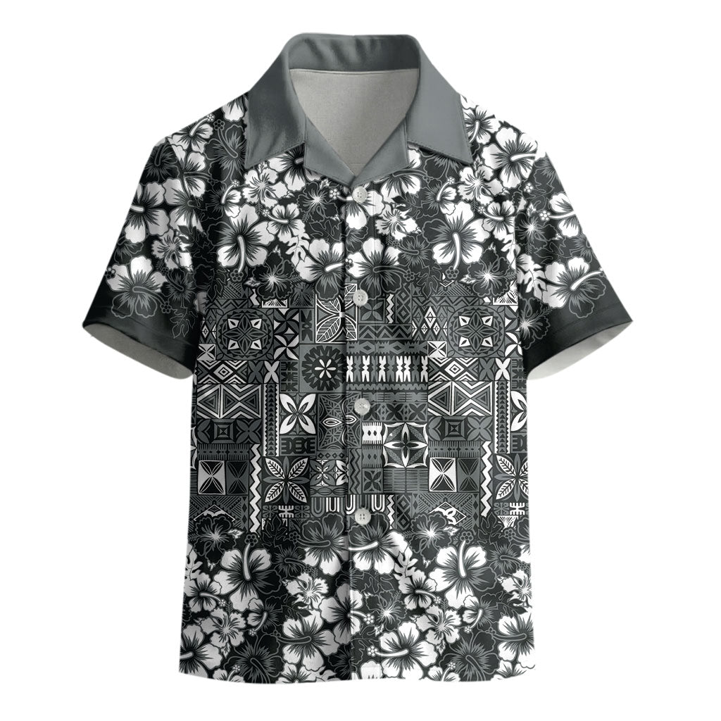 Black Hawaiian Tapa Tribal Hibiscus Kid Hawaiian Shirt LT9 - Polynesian Pride