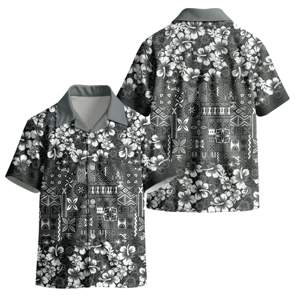 Black Hawaiian Tapa Tribal Hibiscus Kid Hawaiian Shirt LT9 - Polynesian Pride