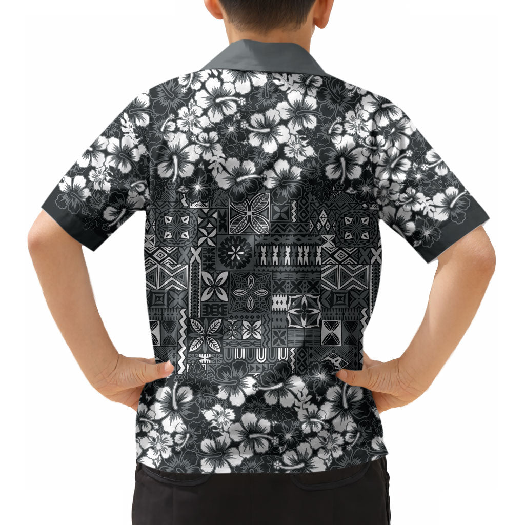 Black Hawaiian Tapa Tribal Hibiscus Kid Hawaiian Shirt LT9 - Polynesian Pride