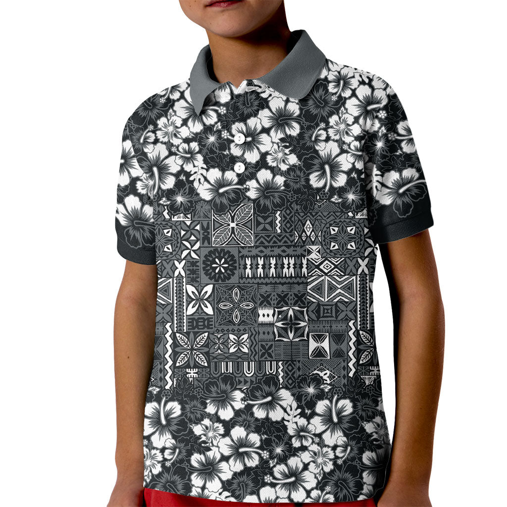 Black Hawaiian Tapa Tribal Hibiscus Kid Polo Shirt LT9 Kid Black - Polynesian Pride
