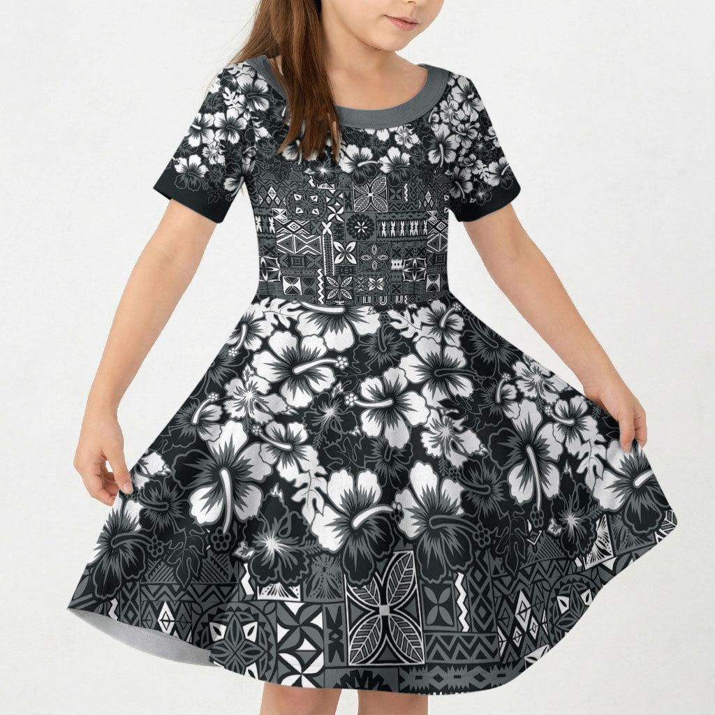 Black Hawaiian Tapa Tribal Hibiscus Kid Short Sleeve Dress LT9 KID Black - Polynesian Pride