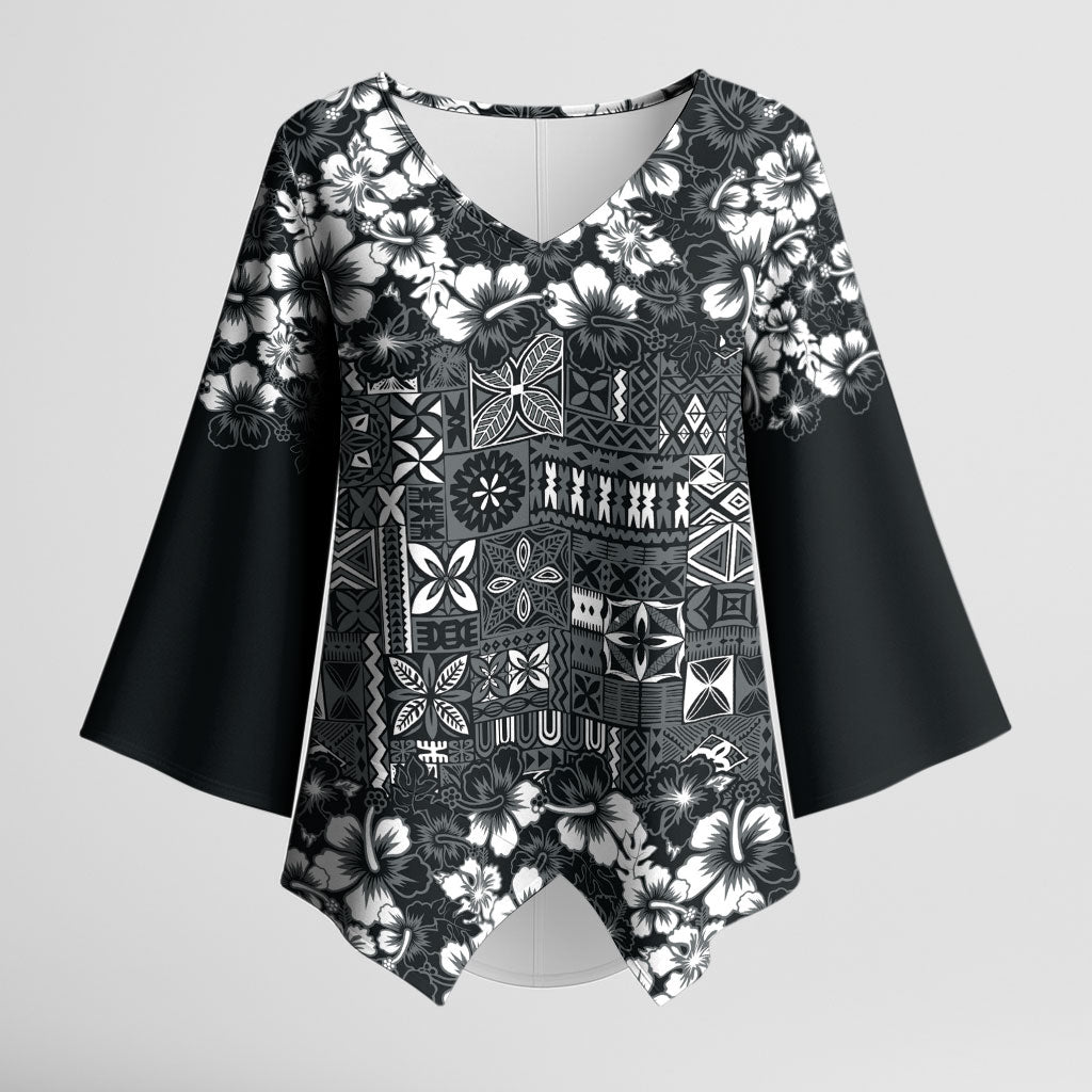 Black Hawaiian Tapa Tribal Hibiscus Kimono Sleeve Blouse LT9 Female Black - Polynesian Pride