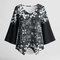 Black Hawaiian Tapa Tribal Hibiscus Kimono Sleeve Blouse LT9 Female Black - Polynesian Pride