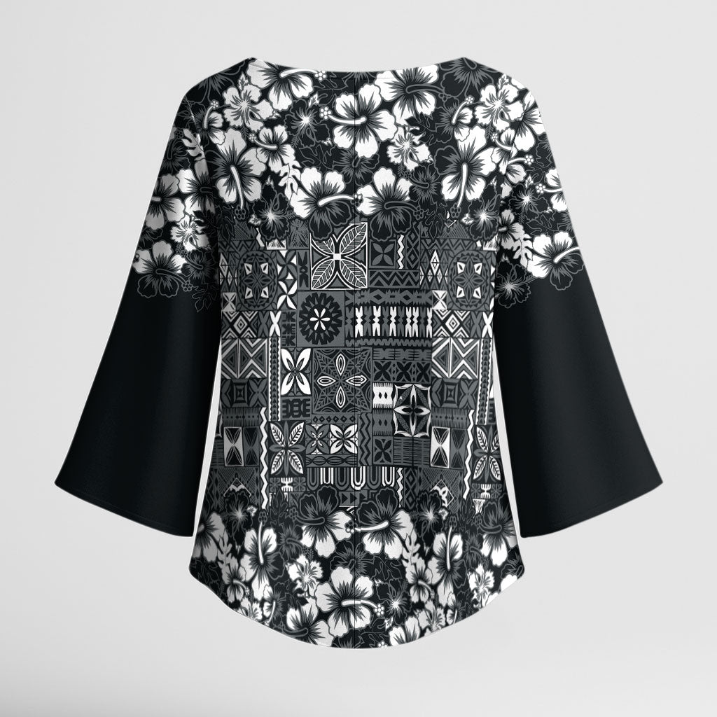 Black Hawaiian Tapa Tribal Hibiscus Kimono Sleeve Blouse LT9 - Polynesian Pride