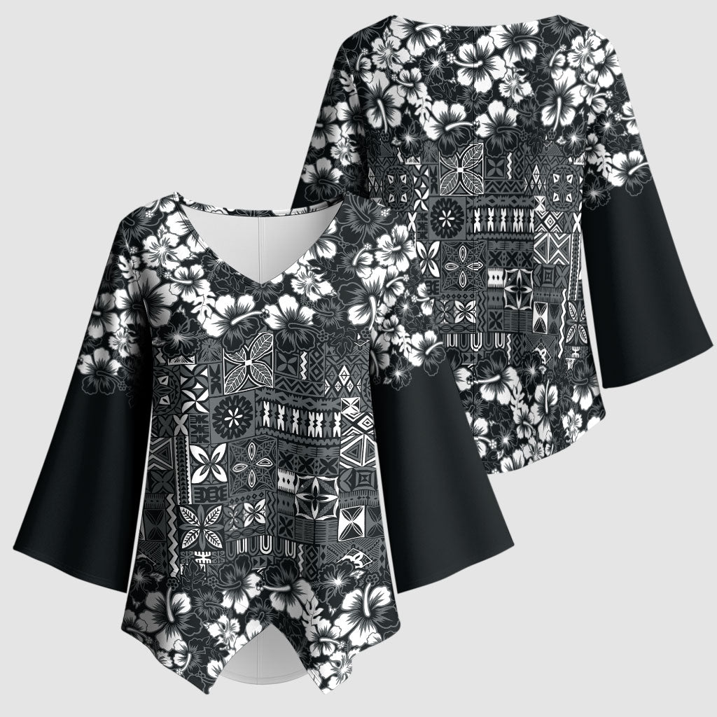 Black Hawaiian Tapa Tribal Hibiscus Kimono Sleeve Blouse LT9 - Polynesian Pride