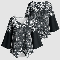 Black Hawaiian Tapa Tribal Hibiscus Kimono Sleeve Blouse LT9 - Polynesian Pride