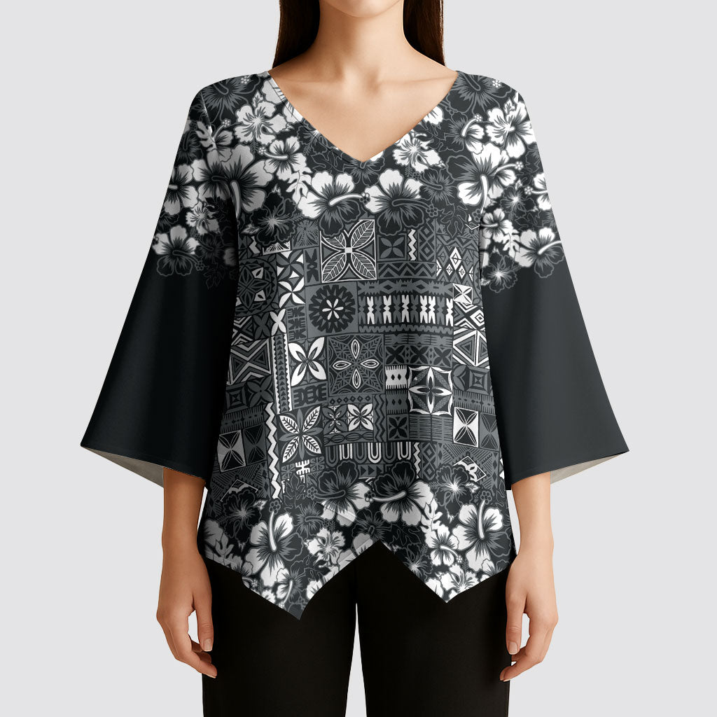 Black Hawaiian Tapa Tribal Hibiscus Kimono Sleeve Blouse LT9 - Polynesian Pride