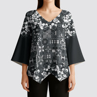 Black Hawaiian Tapa Tribal Hibiscus Kimono Sleeve Blouse LT9 - Polynesian Pride