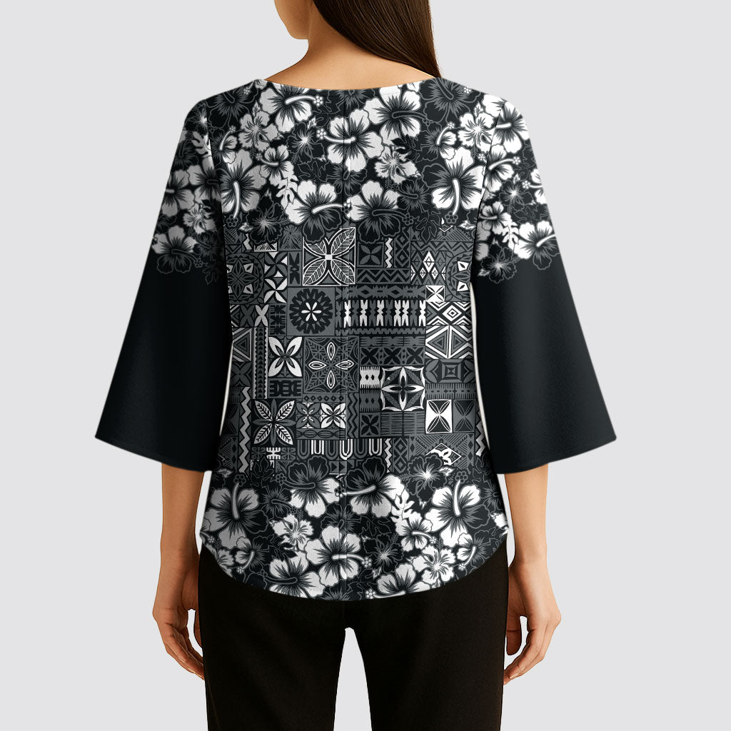 Black Hawaiian Tapa Tribal Hibiscus Kimono Sleeve Blouse LT9 - Polynesian Pride