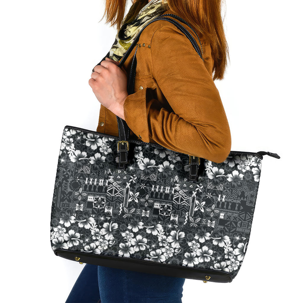 Black Hawaiian Tapa Tribal Hibiscus Leather Tote Bag LT9 Black - Polynesian Pride