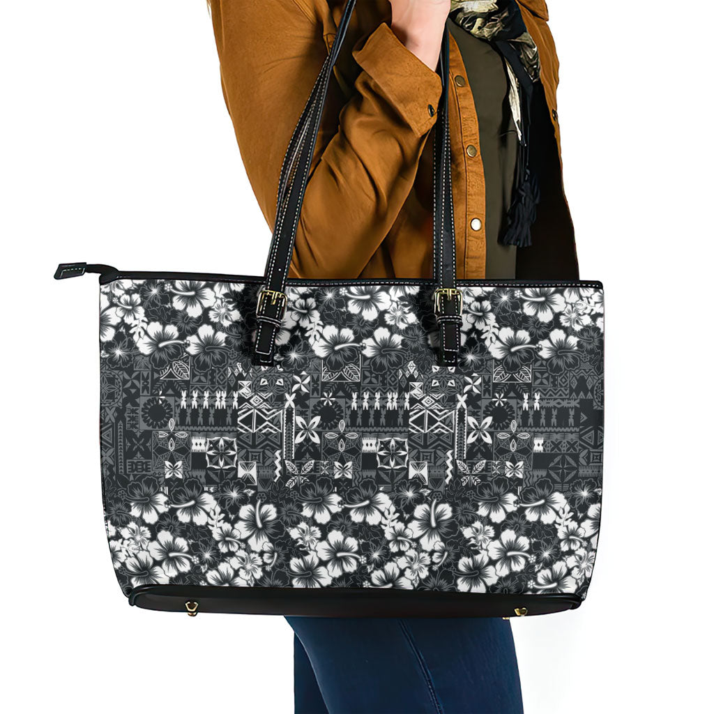 Black Hawaiian Tapa Tribal Hibiscus Leather Tote Bag LT9 - Polynesian Pride