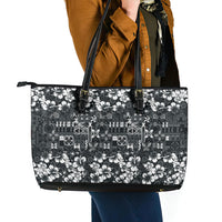 Black Hawaiian Tapa Tribal Hibiscus Leather Tote Bag LT9 - Polynesian Pride