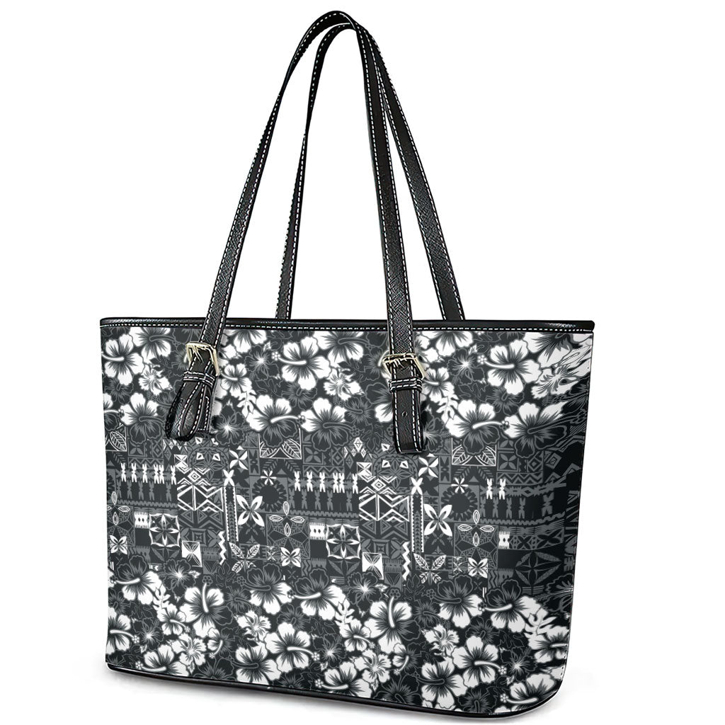 Black Hawaiian Tapa Tribal Hibiscus Leather Tote Bag LT9 - Polynesian Pride