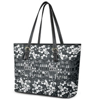 Black Hawaiian Tapa Tribal Hibiscus Leather Tote Bag LT9 - Polynesian Pride