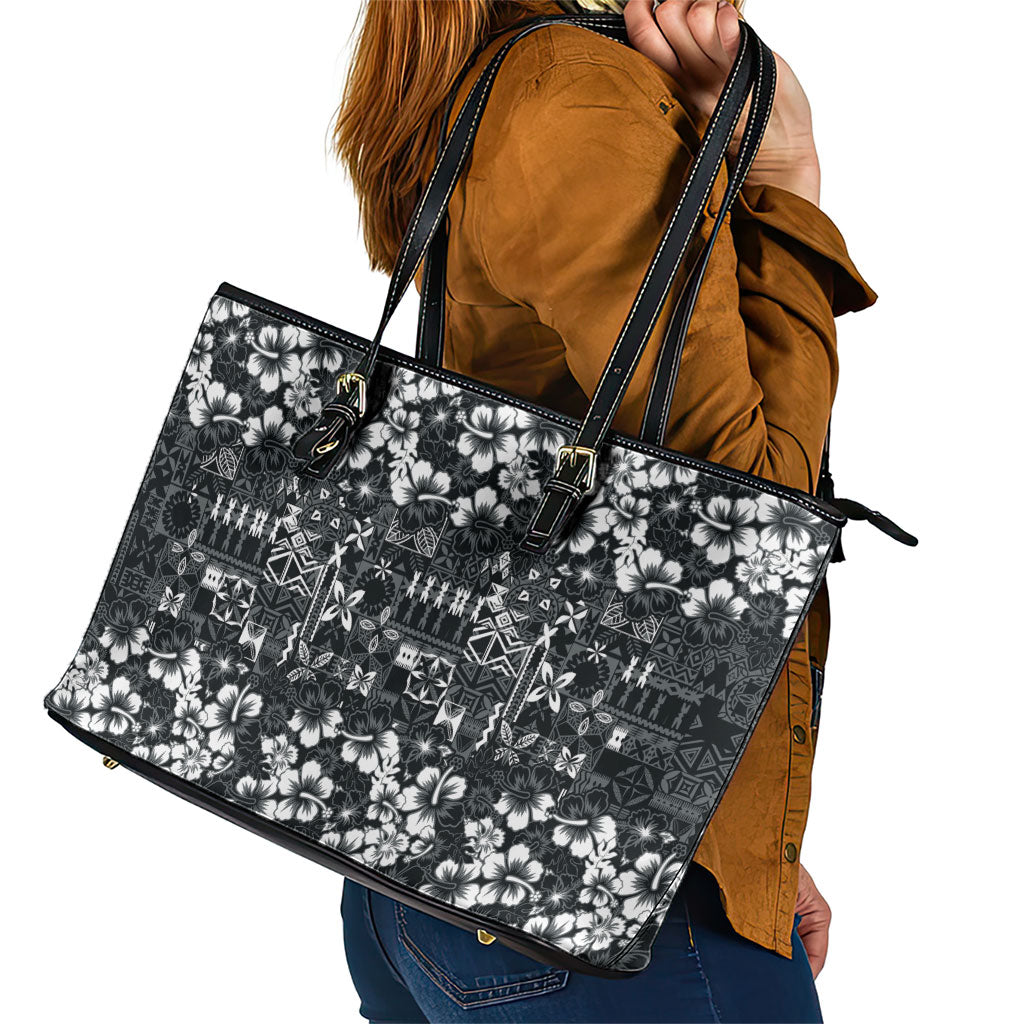 Black Hawaiian Tapa Tribal Hibiscus Leather Tote Bag LT9 - Polynesian Pride