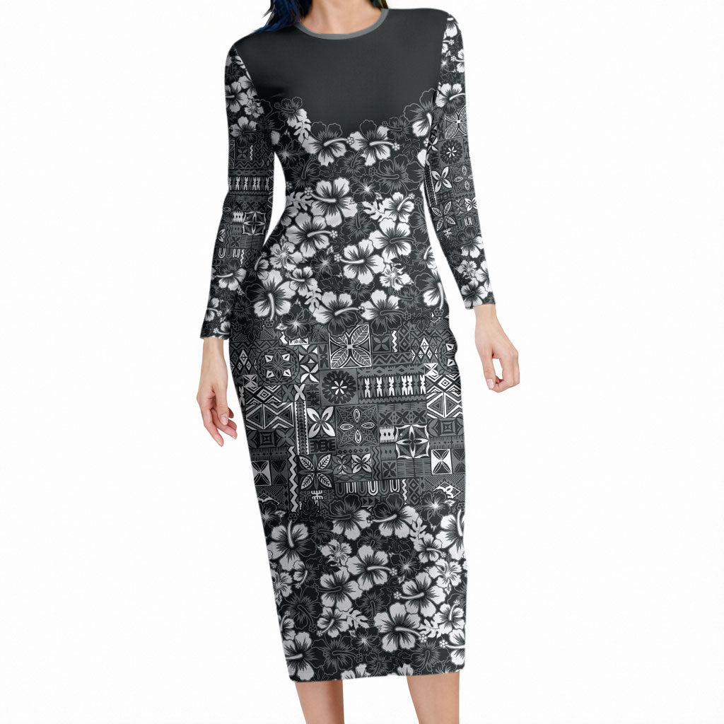 Black Hawaiian Tapa Tribal Hibiscus Long Sleeve Bodycon Dress LT9 Long Dress Black - Polynesian Pride