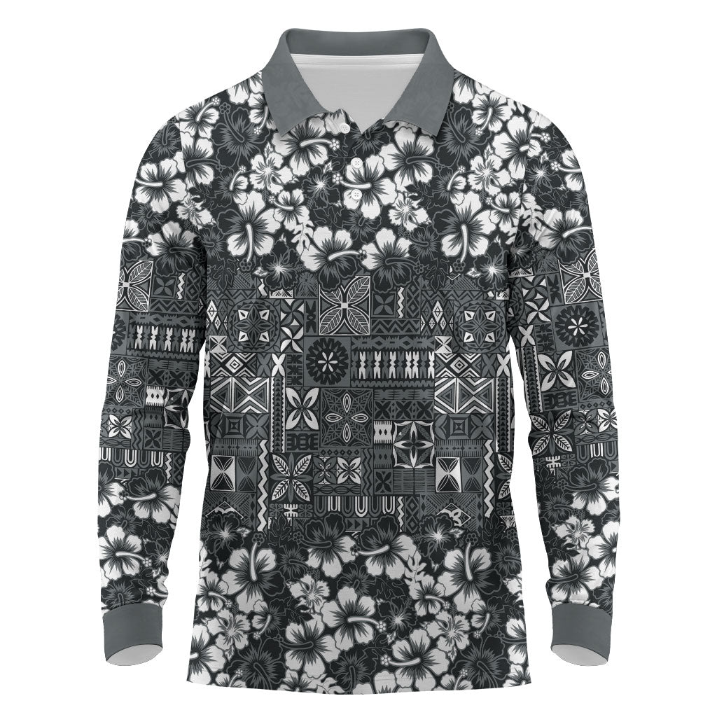 Black Hawaiian Tapa Tribal Hibiscus Long Sleeve Polo Shirt LT9 Black - Polynesian Pride