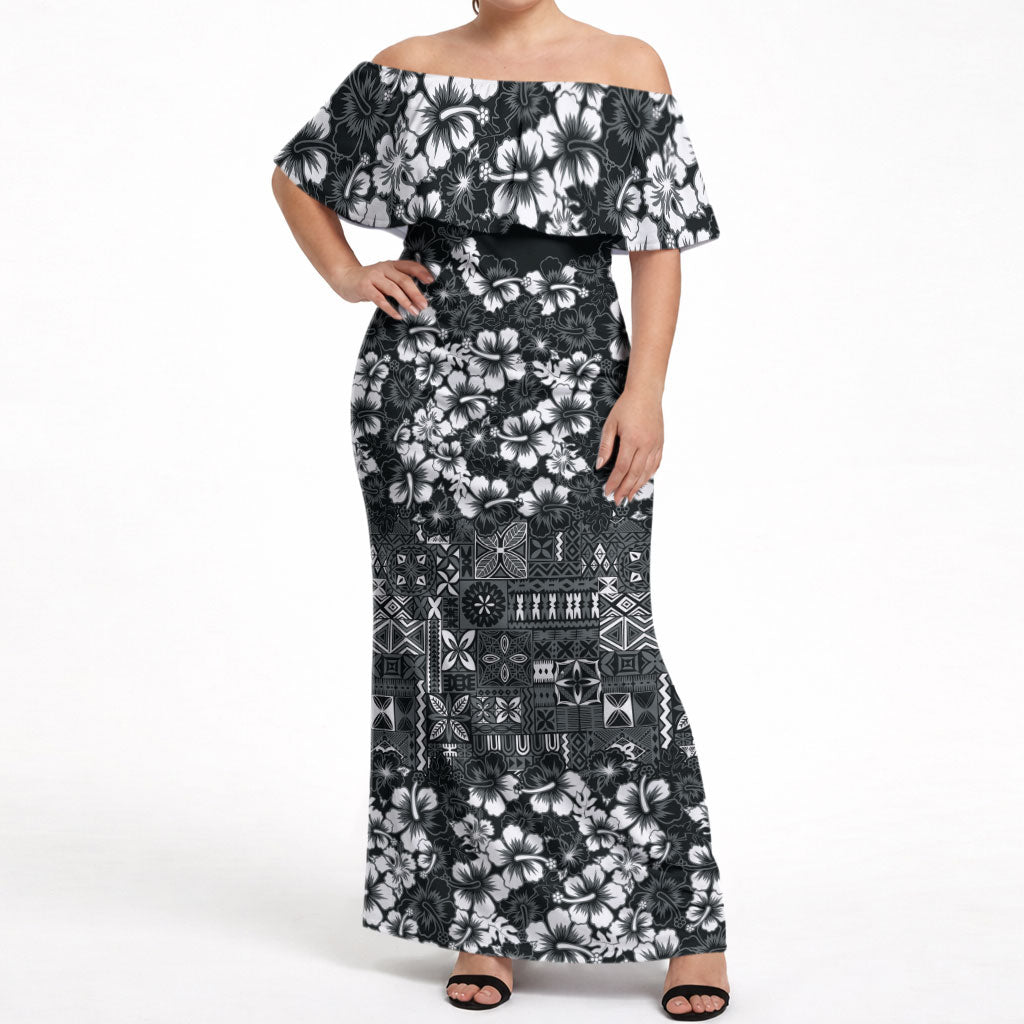 Black Hawaiian Tapa Tribal Hibiscus Off Shoulder Maxi Dress LT9 Women Black - Polynesian Pride