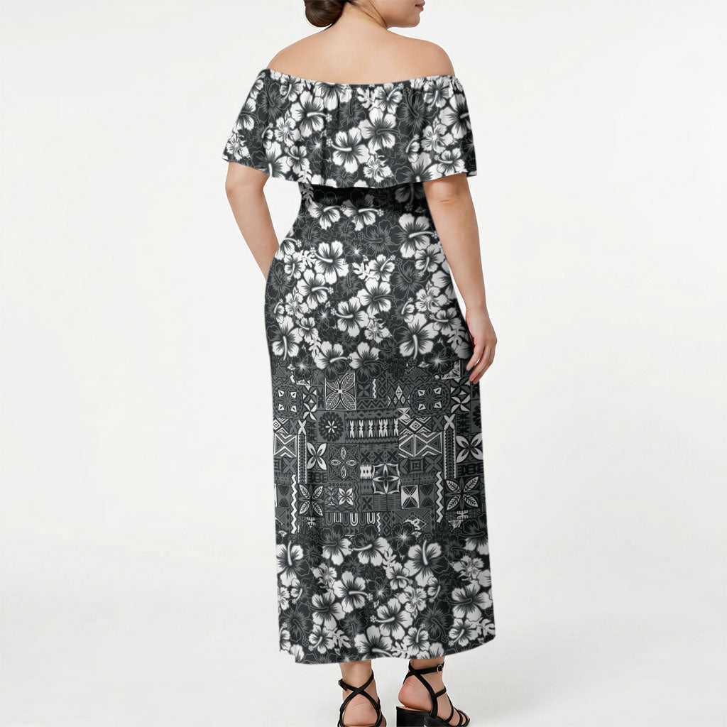 Black Hawaiian Tapa Tribal Hibiscus Off Shoulder Maxi Dress LT9 - Polynesian Pride