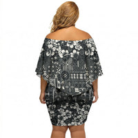 Black Hawaiian Tapa Tribal Hibiscus Off Shoulder Short Dress LT9 - Polynesian Pride