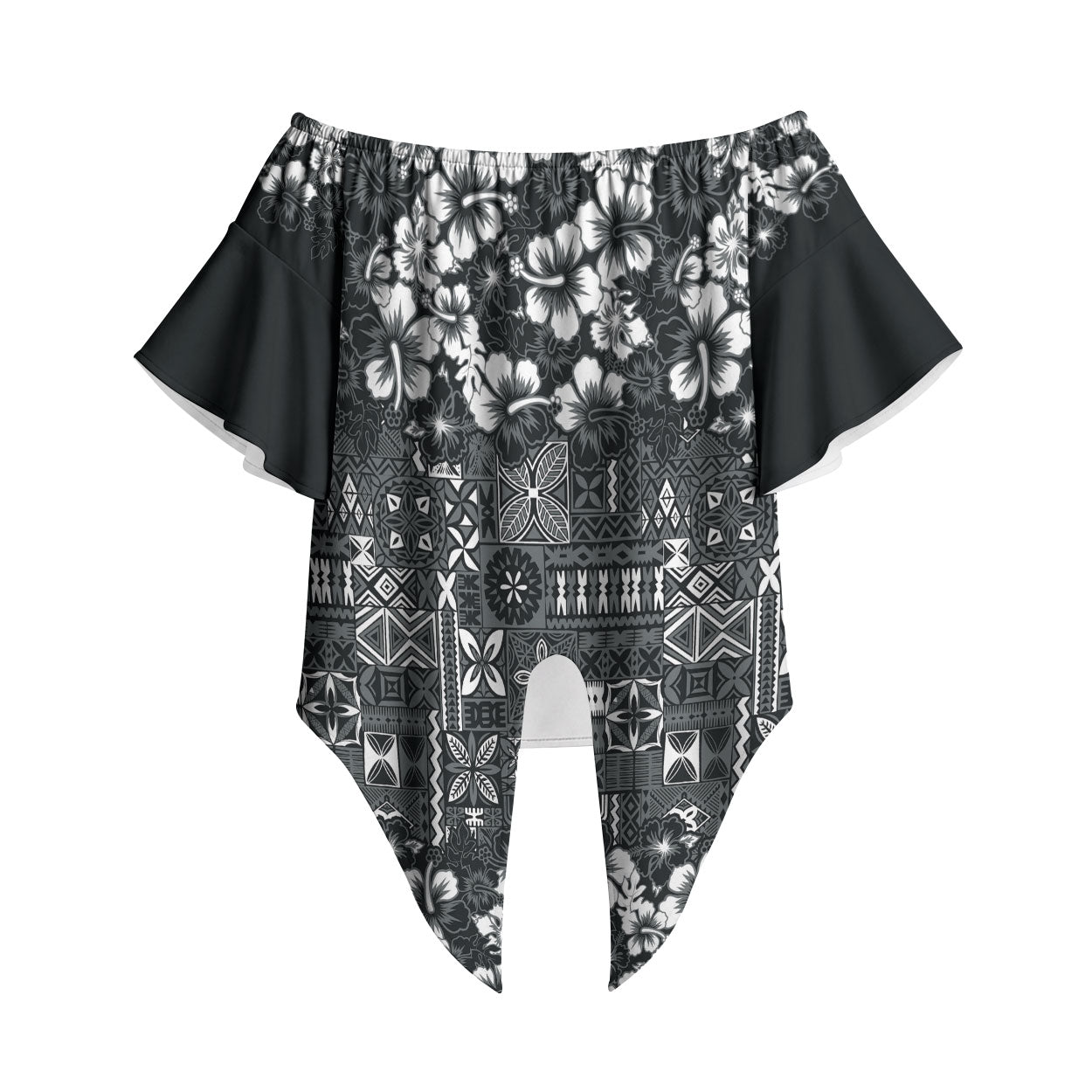 Black Hawaiian Tapa Tribal Hibiscus Off Shoulder Wrap Waist Top LT9 Black - Polynesian Pride