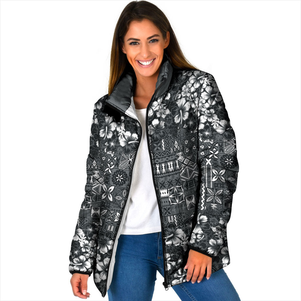 Black Hawaiian Tapa Tribal Hibiscus Padded Jacket LT9 Women Black - Polynesian Pride
