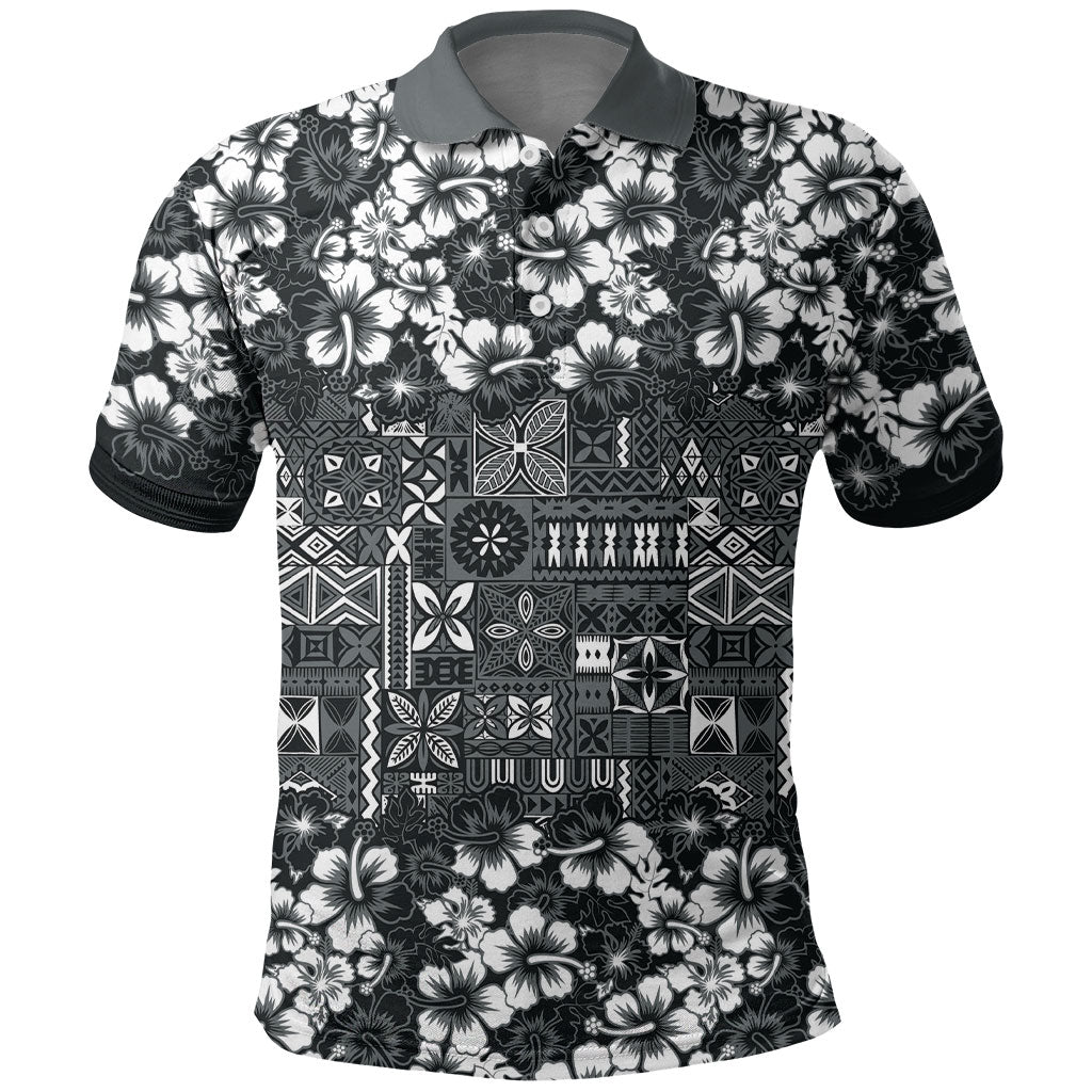 Black Hawaiian Tapa Tribal Hibiscus Polo Shirt LT9 Black - Polynesian Pride