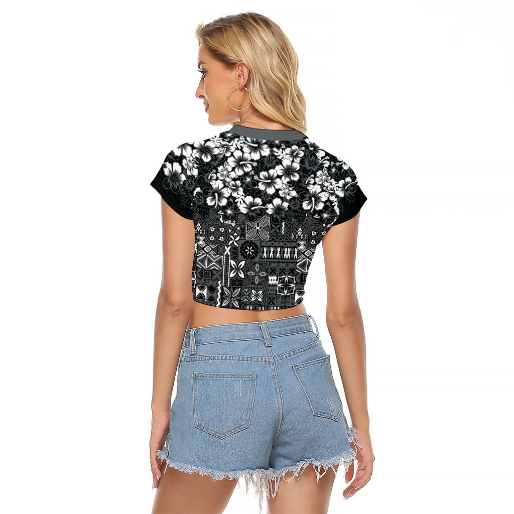 Black Hawaiian Tapa Tribal Hibiscus Raglan Cropped T Shirt LT9 - Polynesian Pride