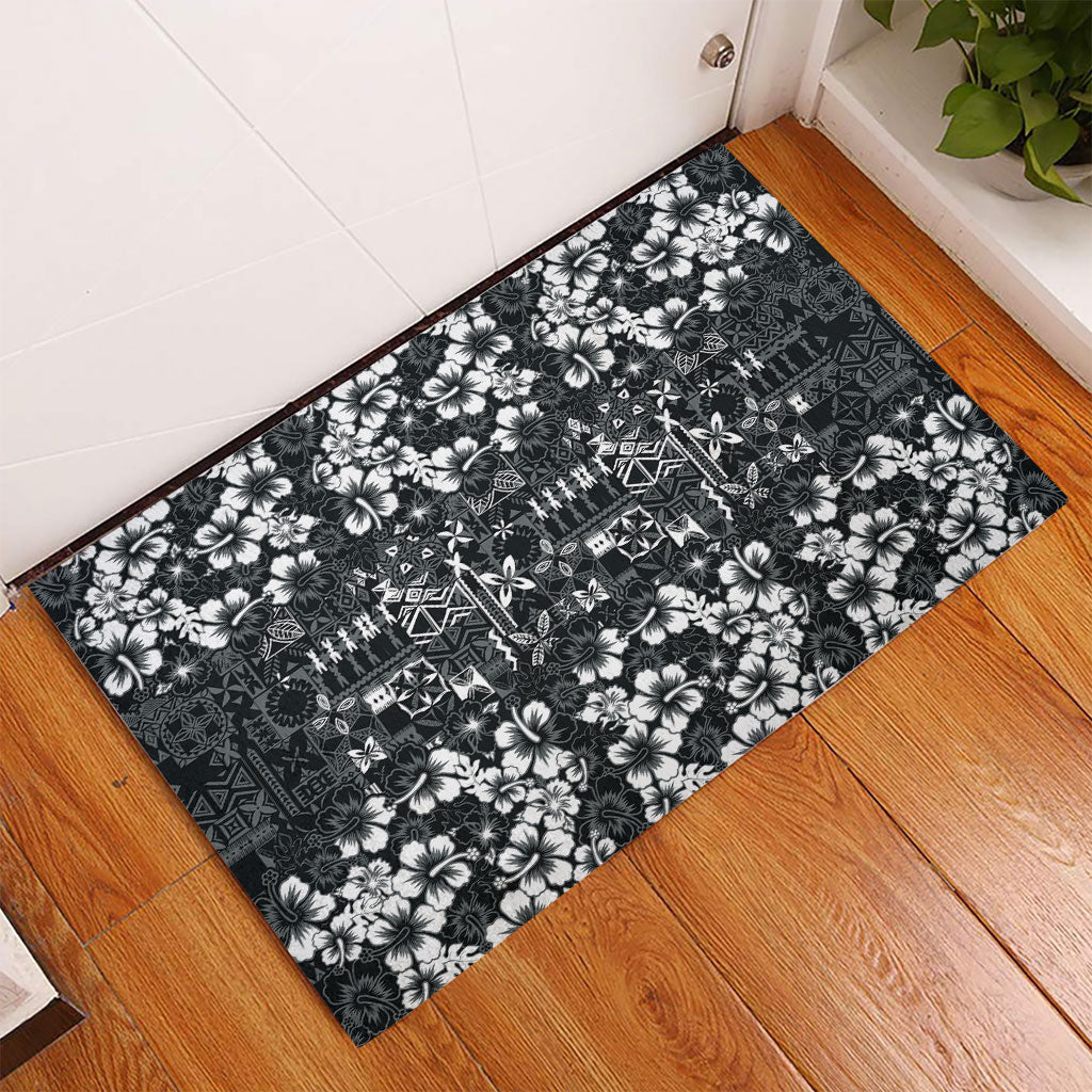 Black Hawaiian Tapa Tribal Hibiscus Rubber Doormat LT9 - Polynesian Pride