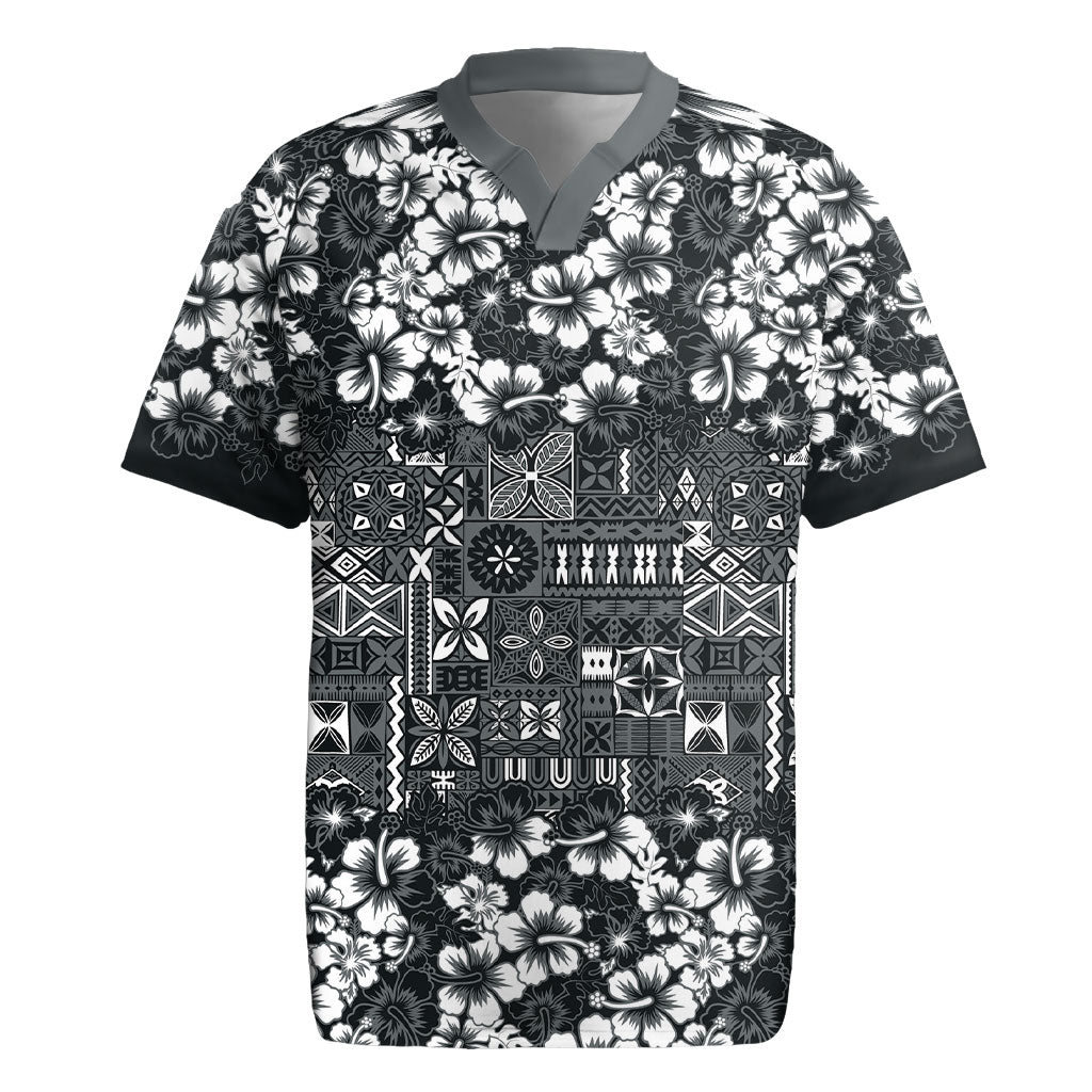 Black Hawaiian Tapa Tribal Hibiscus Rugby Jersey LT9 Black - Polynesian Pride