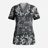 Black Hawaiian Tapa Tribal Hibiscus Scrub Top LT9 Adult Black - Polynesian Pride
