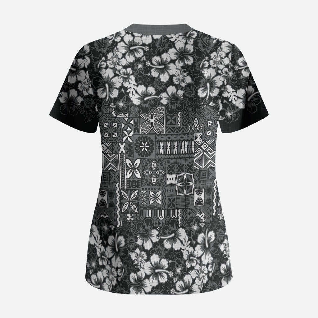 Black Hawaiian Tapa Tribal Hibiscus Scrub Top LT9 - Polynesian Pride