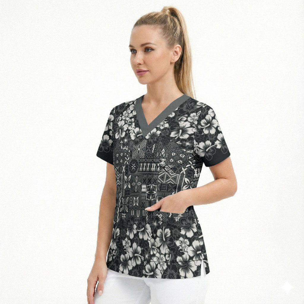 Black Hawaiian Tapa Tribal Hibiscus Scrub Top LT9 - Polynesian Pride