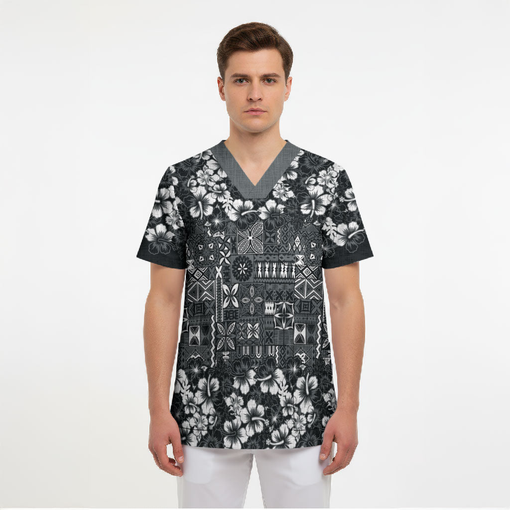 Black Hawaiian Tapa Tribal Hibiscus Scrub Top LT9 - Polynesian Pride
