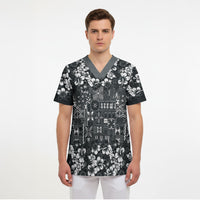 Black Hawaiian Tapa Tribal Hibiscus Scrub Top LT9 - Polynesian Pride