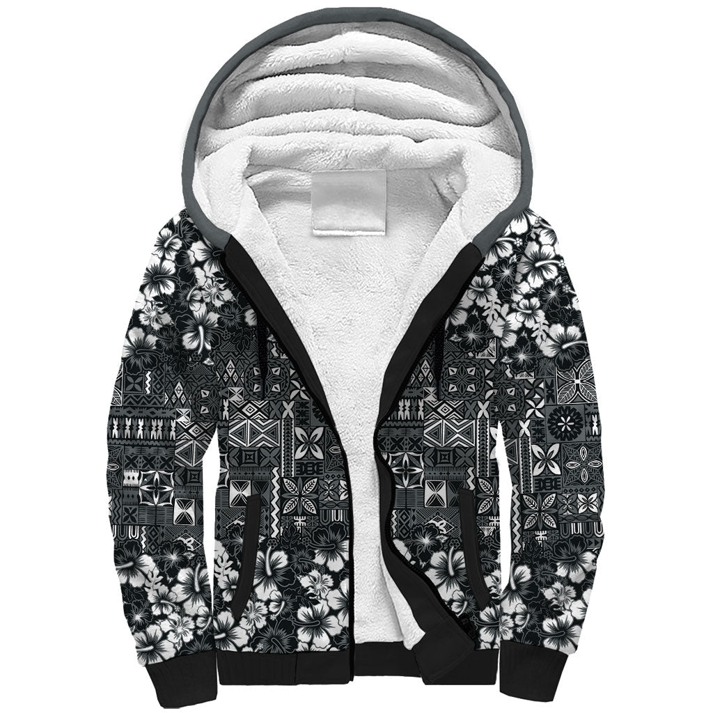 Black Hawaiian Tapa Tribal Hibiscus Sherpa Hoodie LT9 Unisex Black - Polynesian Pride