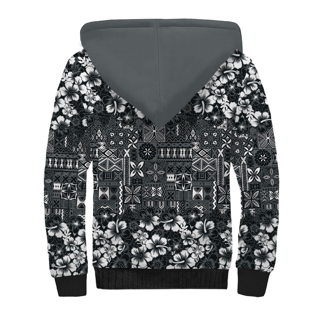 Black Hawaiian Tapa Tribal Hibiscus Sherpa Hoodie LT9 - Polynesian Pride