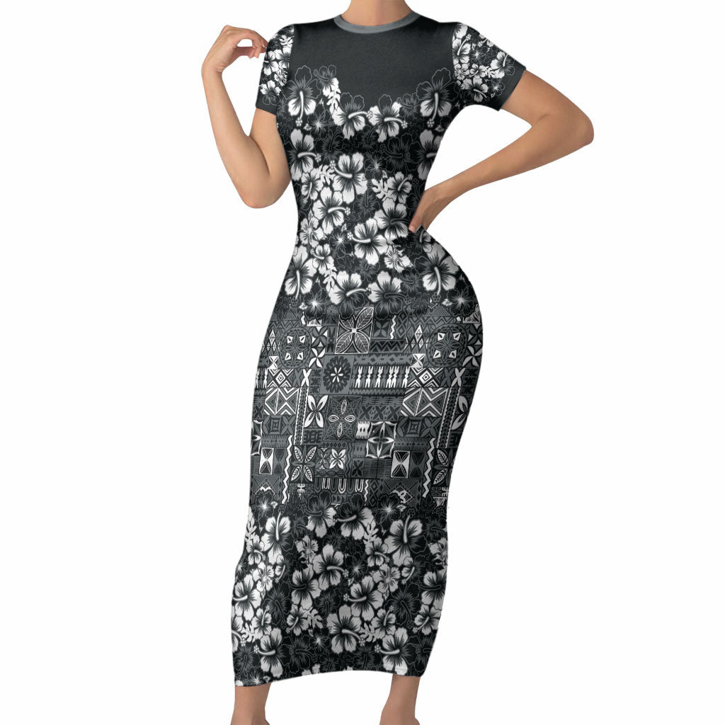 Black Hawaiian Tapa Tribal Hibiscus Short Sleeve Bodycon Dress LT9 Long Dress Black - Polynesian Pride