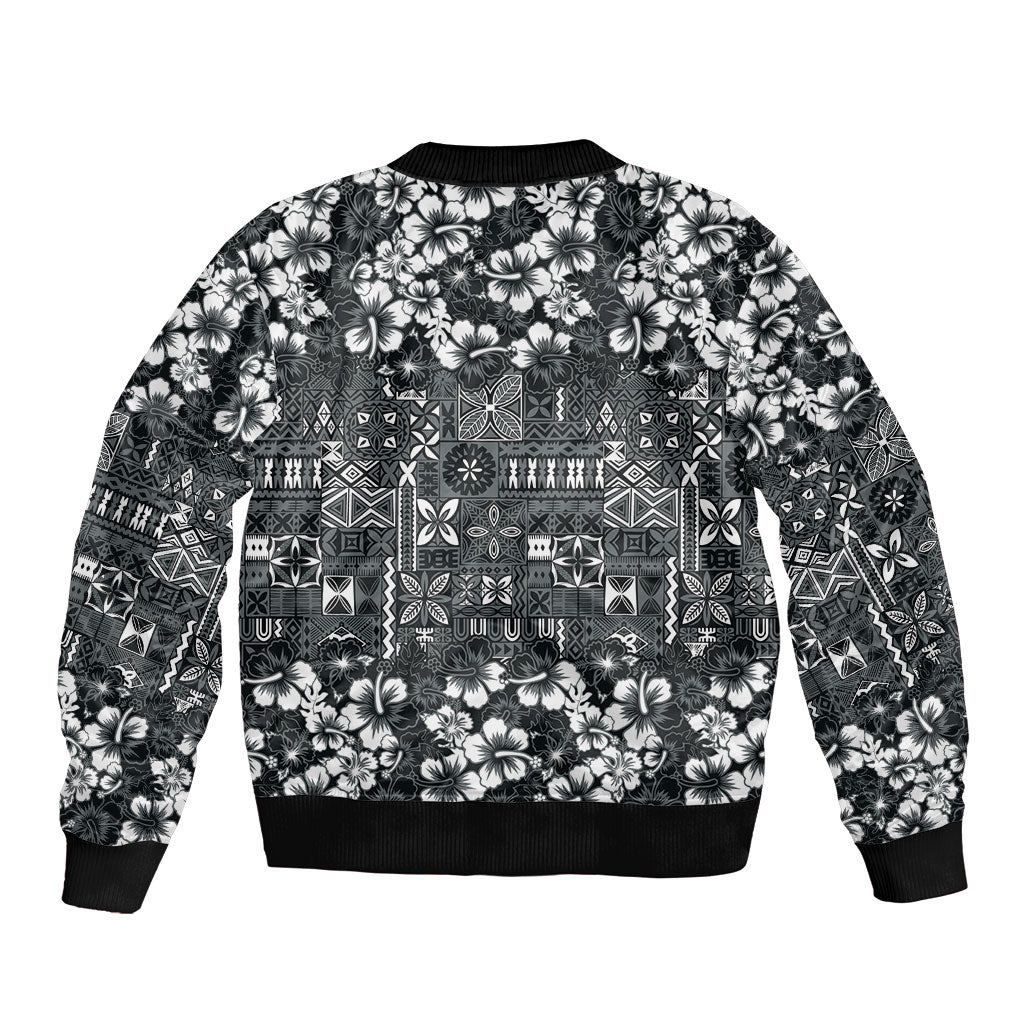 Black Hawaiian Tapa Tribal Hibiscus Sleeve Zip Bomber Jacket LT9 - Polynesian Pride